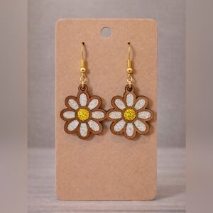 Handmade Resin & Wood Glitter Daisy Spring Flower Earrings